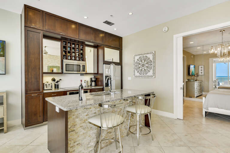 Kitchen with granite countertops.
