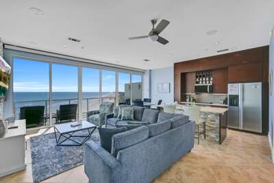 Living room, recliner, sleeper sectional, bar, smart tv, view, motorized shades