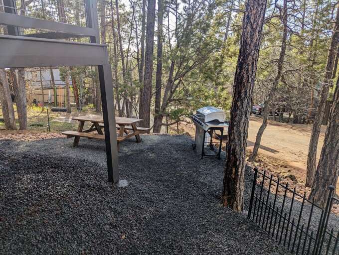 Propane BBQ and picnic table outdoor cooking area