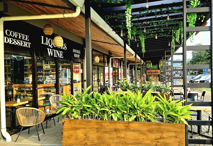 Enjoy the restaurants and shops out front