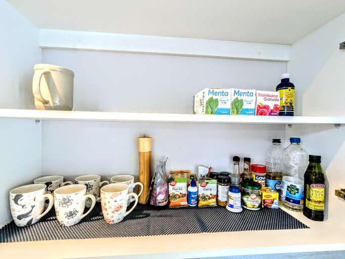 Basic kitchen spices and items are provided