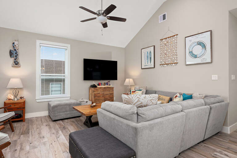 Big comfy sectional, and  streaming TV for your enjoyment.