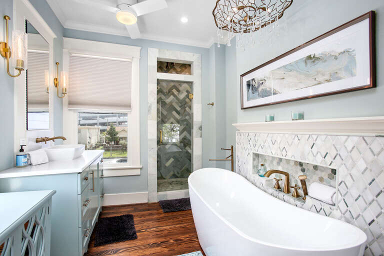 Enjoy ultimate relaxation in the  big soaker tub!  So luxurious...Lovely modern shower, as well.