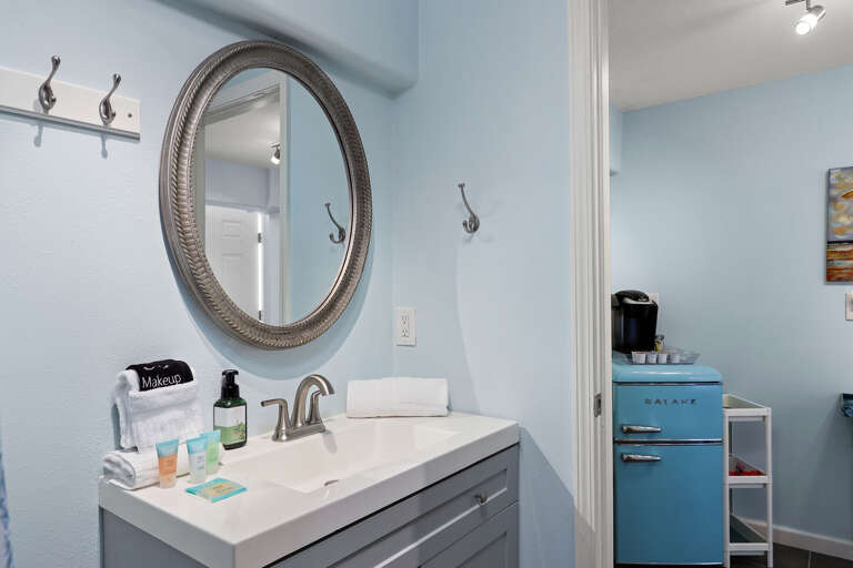 Lovely bathroom off the private  downstairs bedroom.