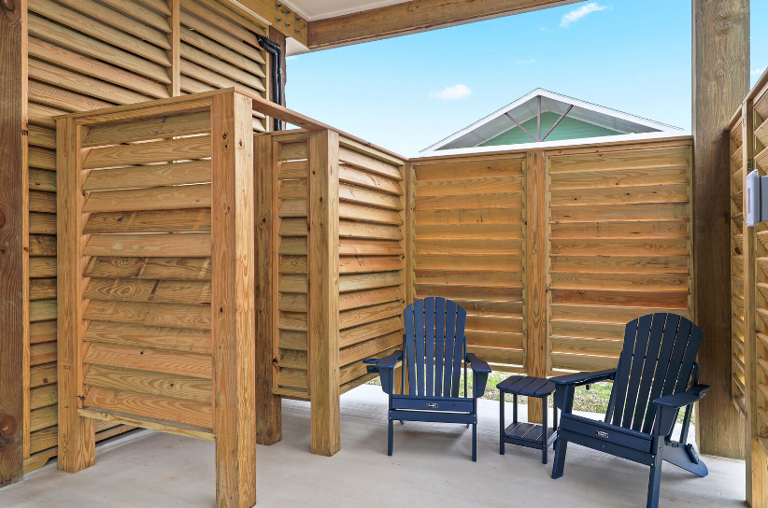 Outdoor shower with hot and cold water. Peaceful nook for relaxing.
