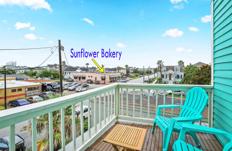 Upstairs patio with views of downtown Galveston.  Walk to popular Sunflower Bakery for breakfast!