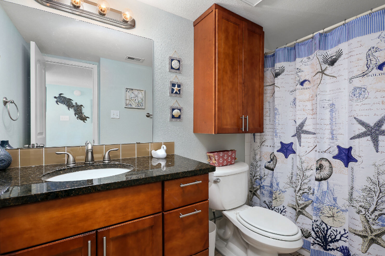 Shared bathroom in the hall with a tub/shower combo
