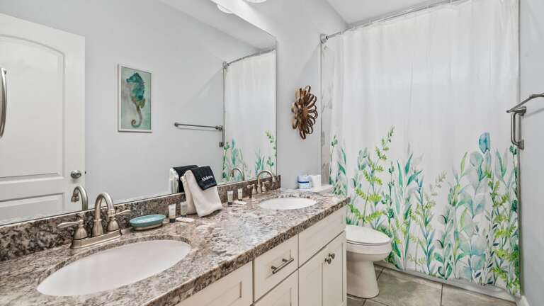 Bathroom 2 w/ double vanity sinks and tub shower combo.
