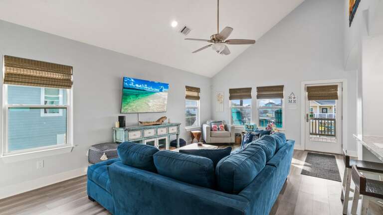 Cozy living area with large windows.