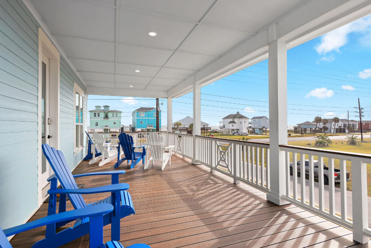 Colorful seating on living/dining area deck