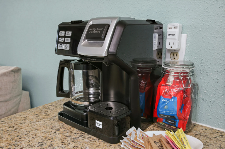 We supply two packets of coffee that make 10-12 cups each, with individual sugar, sweetener, and creamer.  Bring your favorite Keurig cups! We supply two packets of coffee that make 10-12 cups each, with individual sugar, sweetener, and creamer.  Bring your favorite Keurig cups!