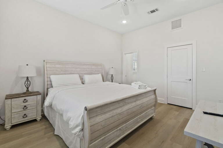 Peaceful bedroom designed for rest and relaxation.