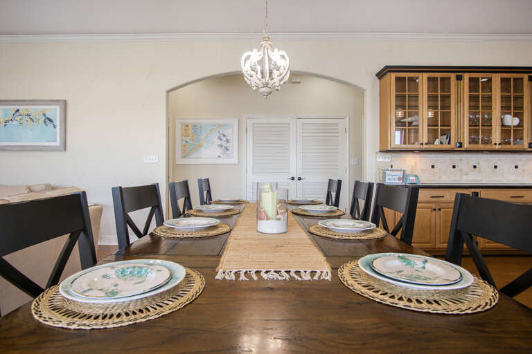 Large family dining table with seating for eight.