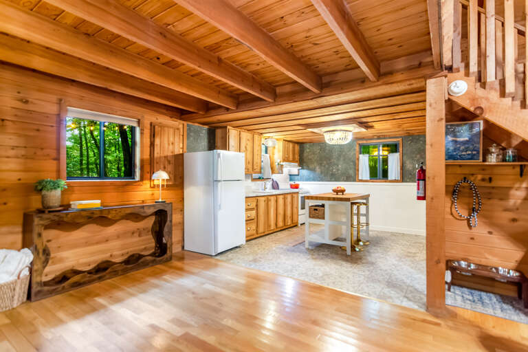 View of the kitchen from the fireplace