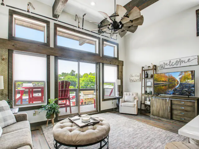Blue Ridge Loft: Living Room with Balcony Overlooking DT Blue Ridge Blue Ridge Loft: Living Room with Balcony Overlooking DT Blue Ridge