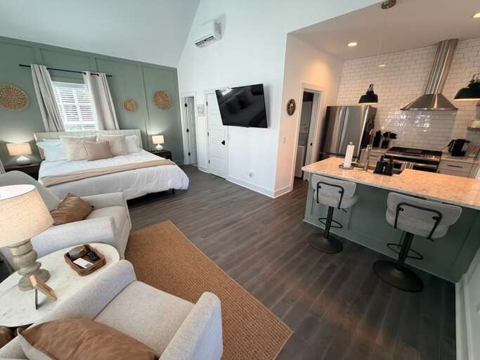 Open concept - bedroom, living room, and kitchen 