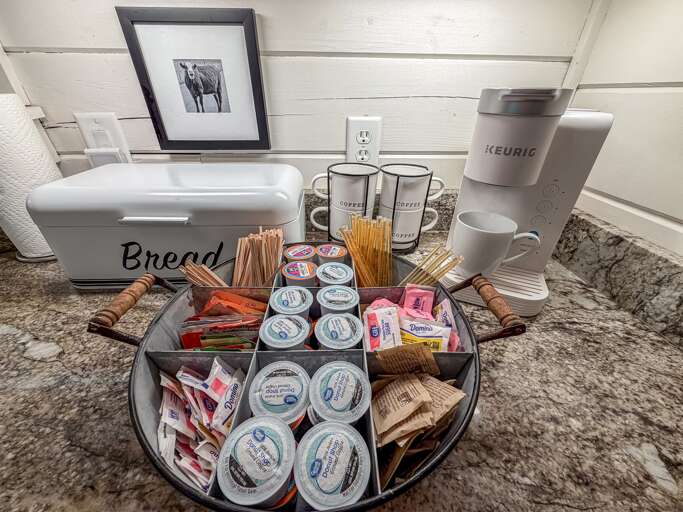 Wonderful choices from our coffee bar to include cocoa, tea, and honey sticks along with other treats to choose from. Use a drip machine or Keurig for your enjoyment.