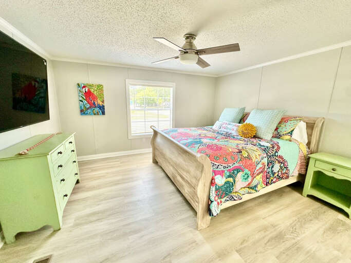 King size bed with adjoining bathroom