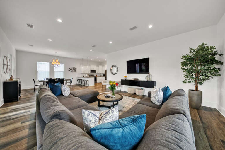 Spacious open living room, dining room, and kitchen