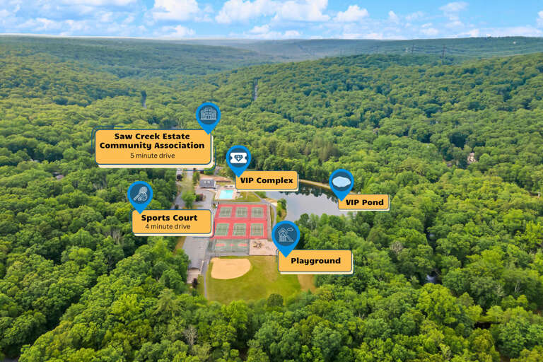 Lush Landscape With Sports Court, Pond, And Playground