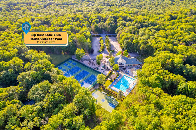 Tennis Courts, Pool, Trees, Aerial View