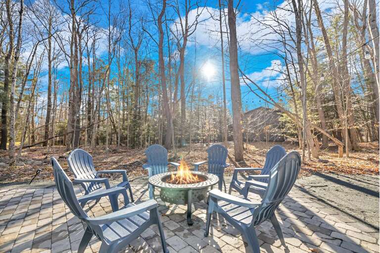 Patio Seating And Fire Pit In Forest Setting, Sunlight Streaming Through The Trees