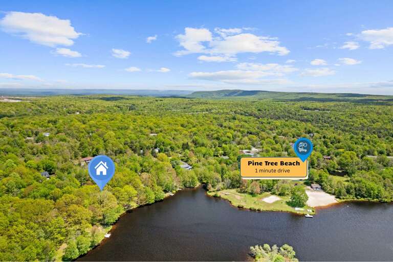 Lakeside Landscape, Lush Greenery, Nearby Pine Tree Beach