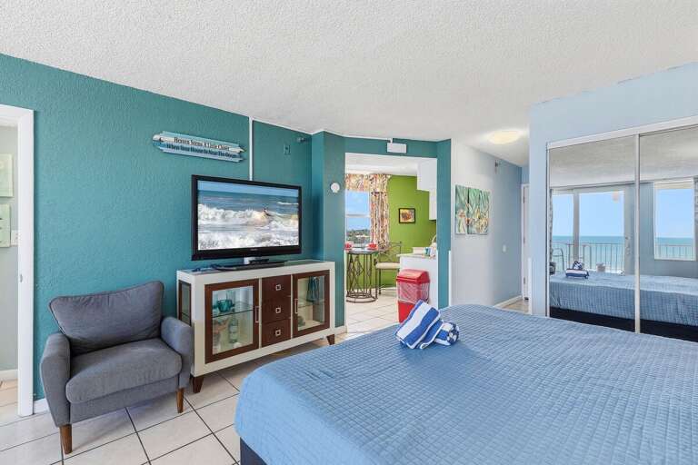 Relax in this bright king studio featuring comfortable seating, a TV, mirrored closet, and partial