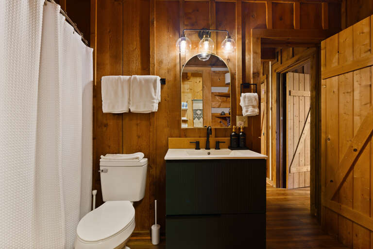 Sleek fixtures and clean, modern finishes come together in this comfortable, well-equipped bathroom at Dancing Embers.