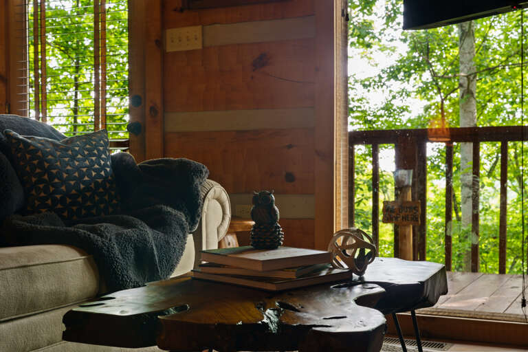 Rustic log furnishings and forest views make the living room at Nestled Oaks the perfect spot to relax together.