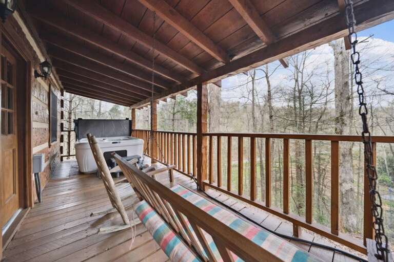 Rustic Wooden Porch With Swing, Overlooking Serene Forest