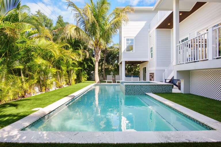 Swimming Pool and Spa surrounded by lush palms