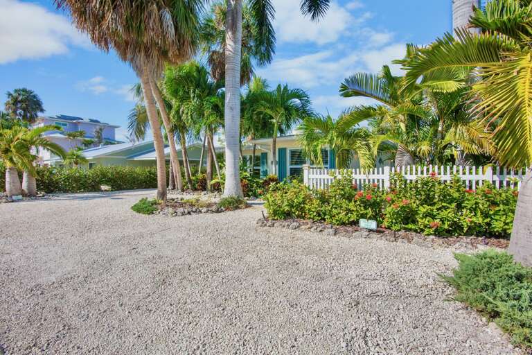 Tropical paradise setting with swaying palm trees and lush landscaping surrounding the colorful beach property