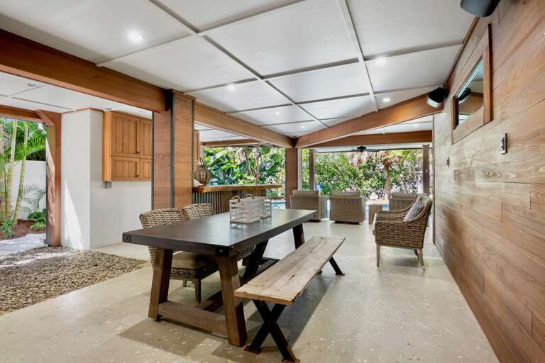 Covered outdoor dining and seating area