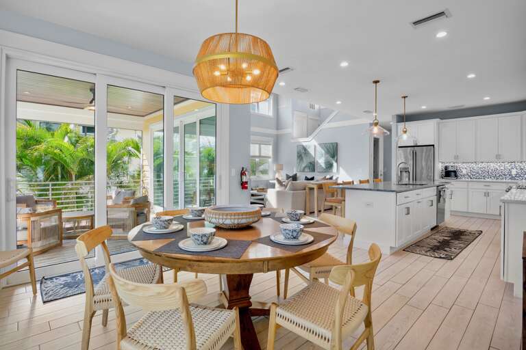 Open kitchen flows seamlessly into the dining area