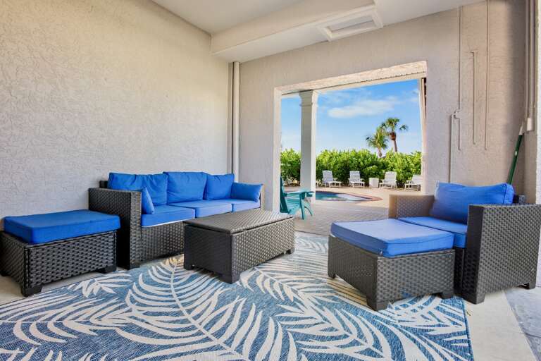 Private patio with covered lounge area