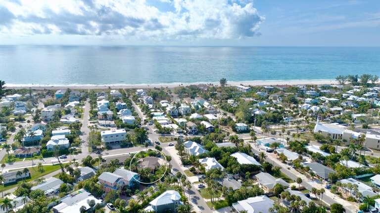 Aerial view of a charming beachfront community with tropical homes nestled between palm trees and pristine coastline.