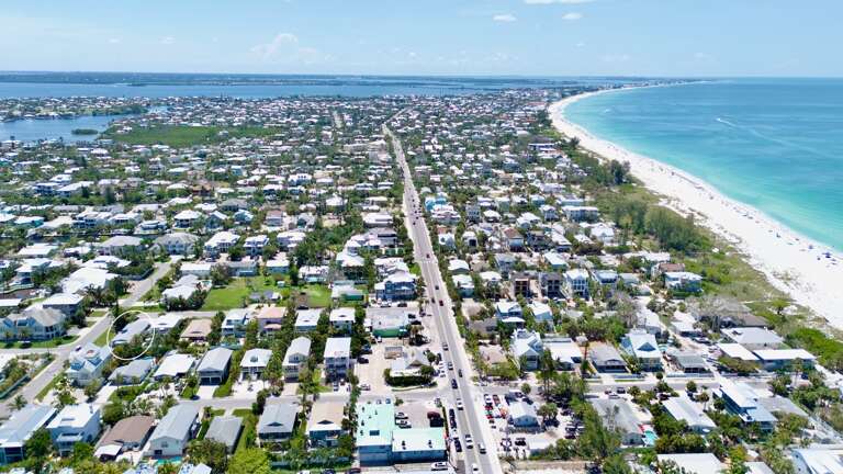 Aerial view of the island’s charming beach community.
