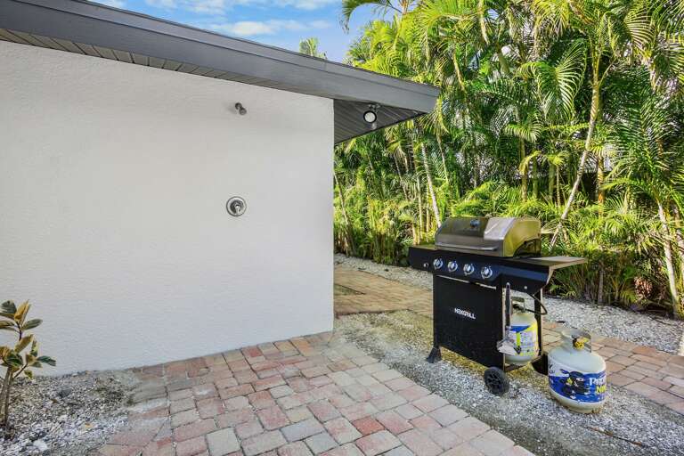 BBQ grill surrounded by lush palms