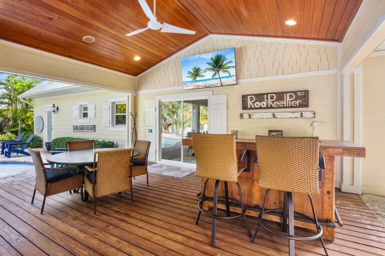 Bar with seating and a large TV