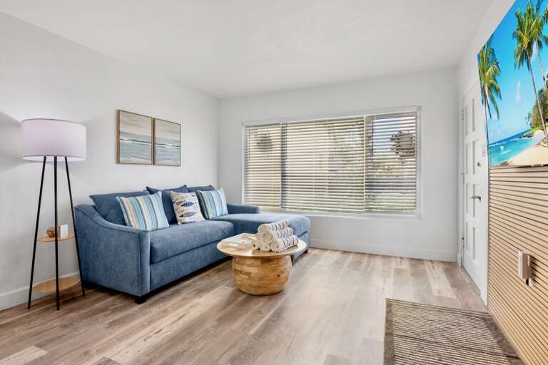 Living space with plush blue seating