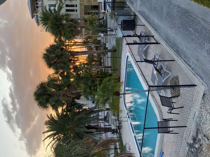 Swimming pool area with palm trees and lounge chairs against a dramatic sunset sky.