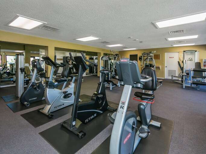 Maintain your fitness routine in this well-equipped gym featuring cardio machines, strength equipment, and modern amenities for your convenience.