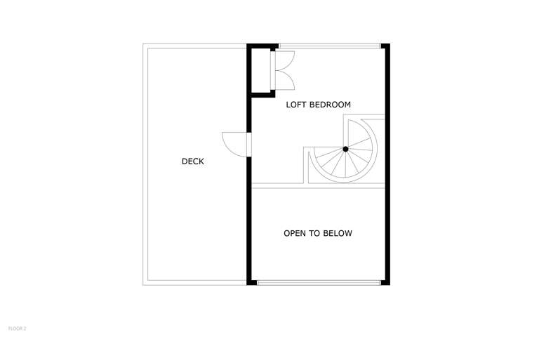 This floor plan shows the loft level with a cozy bedroom and deck access, plus an open area connecting to the floor belowâclever design for maximizing space.