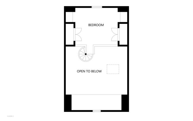 Floor plan showing a lofted bedroom with spiral staircase and open balcony overlooking the space below.