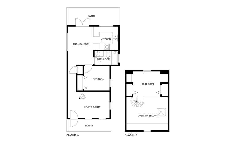 A thoughtfully designed two-story floor plan showing comfortable living spaces including a patio, multiple bedrooms, full kitchen, and open layoutâperfect for your relaxing getaway.