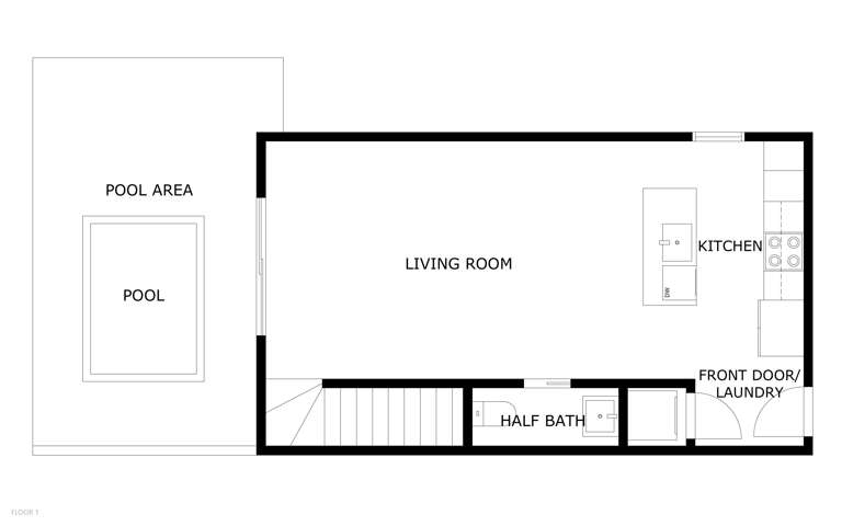 The floor plan shows the layout with a spacious living room, full kitchen, and dedicated pool area with direct access from your main living space.