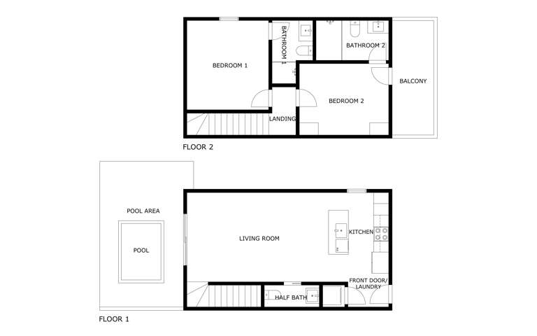 A two-story vacation home awaits you, with private pool, open-plan living, and two bedrooms upstairs, plus a balcony to catch the breeze.