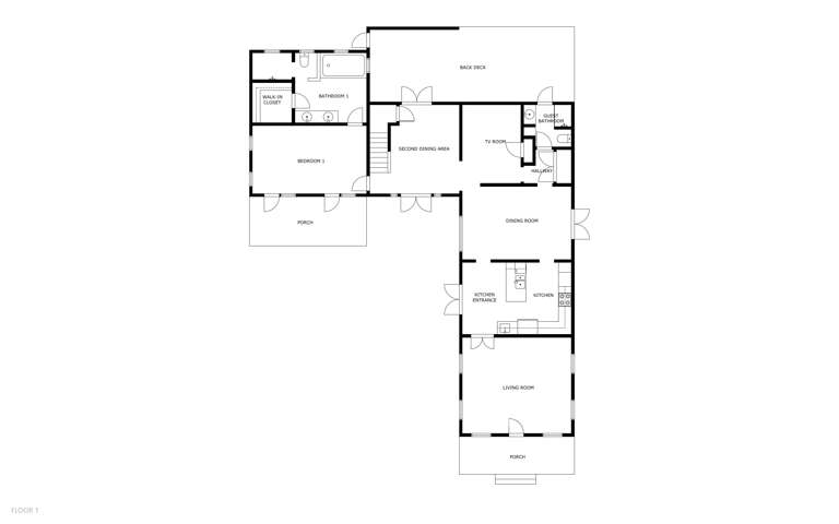 Floor plan showing the thoughtful layout of your vacation home, with spacious living and dining areas, full kitchen, bedrooms with walk-in closets, and outdoor porch and deck spaces for enjoying the fresh air.