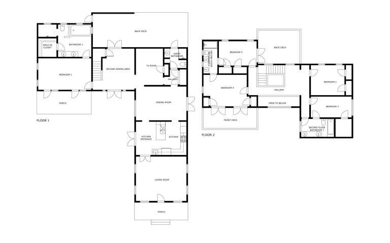 Detailed floor plan illustrating the property's multi-level layout, showing bedroom arrangements, common areas, deck spaces, and bathroom locations across two floors with connecting hallways and entrance porch.
